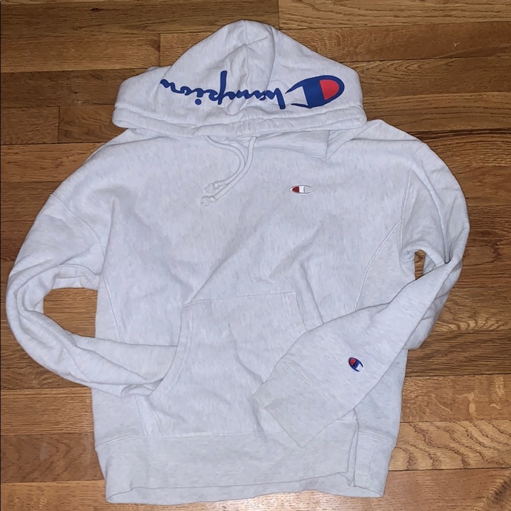 women’s grey hood logo hoodie. champion